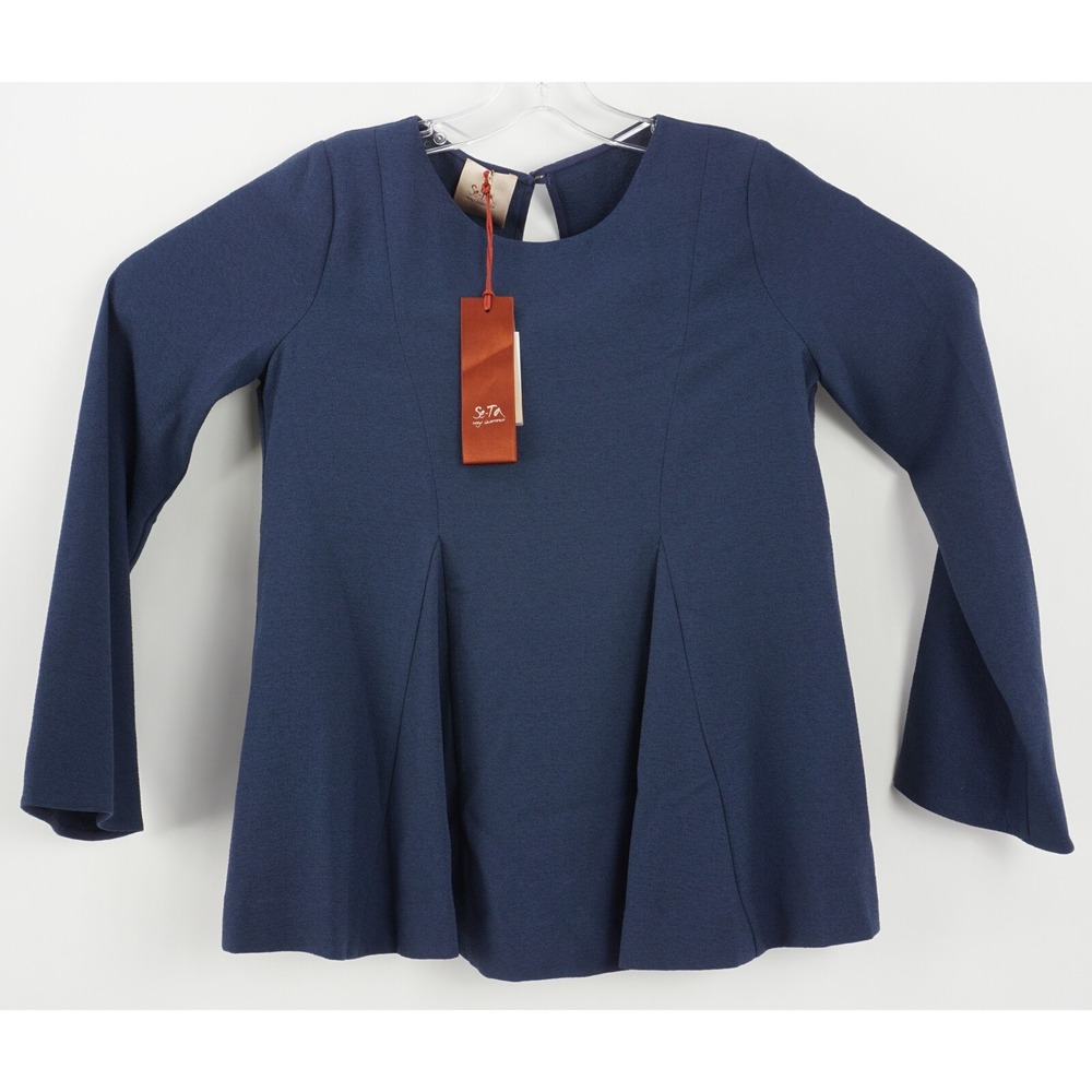 New Se-Ta Rosy Women's 42 Medium Blue Crepe Bell Sleeve Key Hole Crop Top Blouse